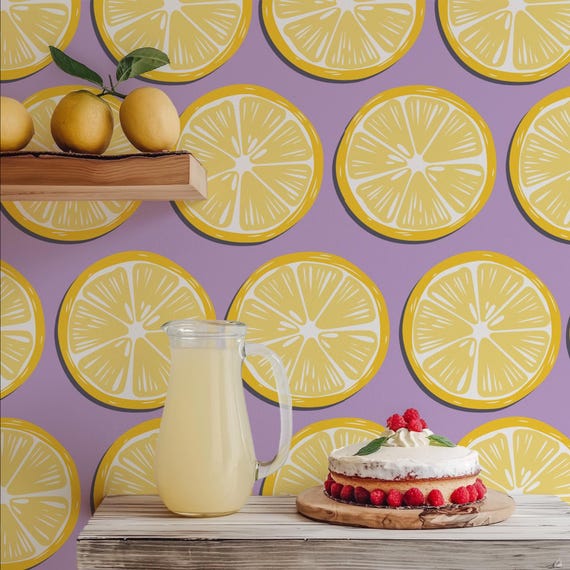Purple Pop Lemons Wallpaper - Citrus Wall Decor, Lemon Fruits Wall Art for Kitchen & Living Room Accent