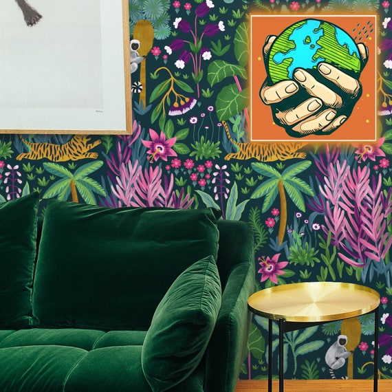 Bring the Jungle into Your Home with Our Tropical Wallpaper | Featuring a Majestic Tiger and Playful Monkey in a Lush Forest