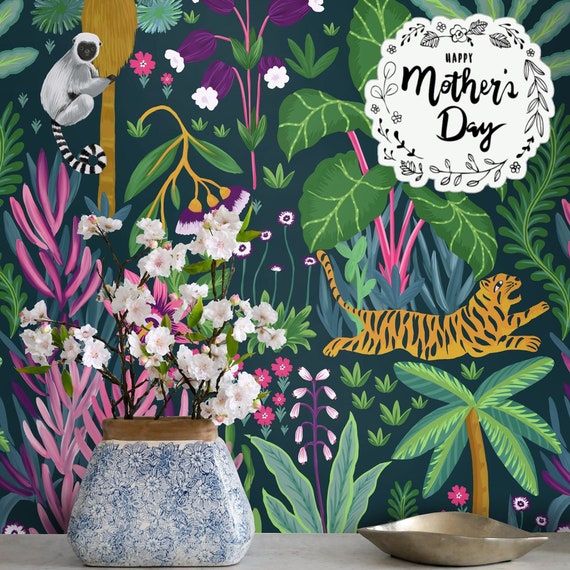 Tropical Dark Jungle Wallpaper, Whimsical Tiger Painting Dark Boho Wall decor, Exotic Nature Scene Wall Art