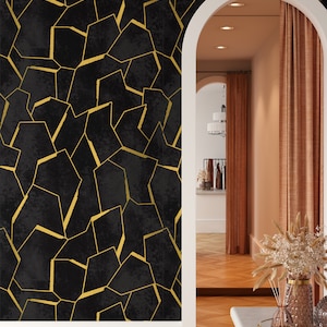 Carta da parati Oro e Nera Rétro Geometrica con Strisce Nere