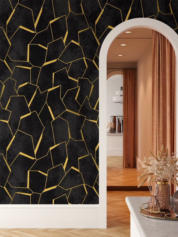 Minimalist Pattern Black and Gold Modern Wallpaper, Abstract Lines Geometric Simple Stripes Minimal Wall Art