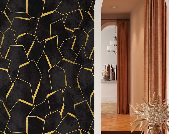 Minimalist Pattern Black and Gold Modern Wallpaper, Abstract Lines Geometric Simple Stripes Minimal Wall Art