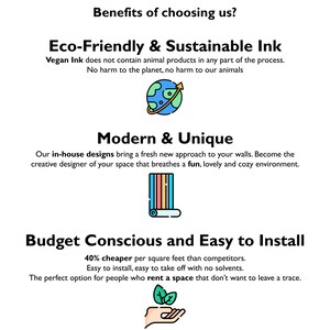 Pu&ograve; includere: Vantaggi della scelta di un marchio di carta da parati sostenibile ed ecologica. Il testo evidenzia l'uso di inchiostro vegano, design moderni e unici e prezzi convenienti. L'immagine include illustrazioni di un globo terrestre, un campione di carta da parati colorata e una mano che tiene una pianta verde.