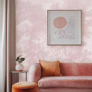 Carta da Parati Paesaggio Rosa – Alberi Romantici Vintage in Tinte Cipria, Fogli in Carta Vera, Eleganza Classica