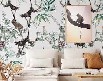 Extra Large Monkeys on Trees Wallpaper, Green and White Tropical Jungle Wall Decor with Monkey and Parrots