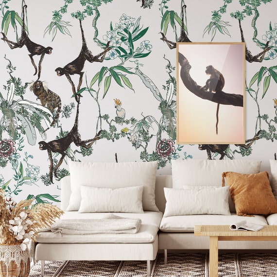 Extra Large Monkeys on Trees Wallpaper, Green and White Tropical Jungle Wall Decor with Monkey and Parrots