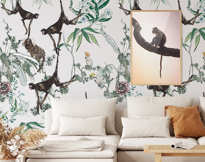 Extra Large Monkeys on Trees Wallpaper, Green and White Tropical Jungle Wall Decor with Monkey and Parrots