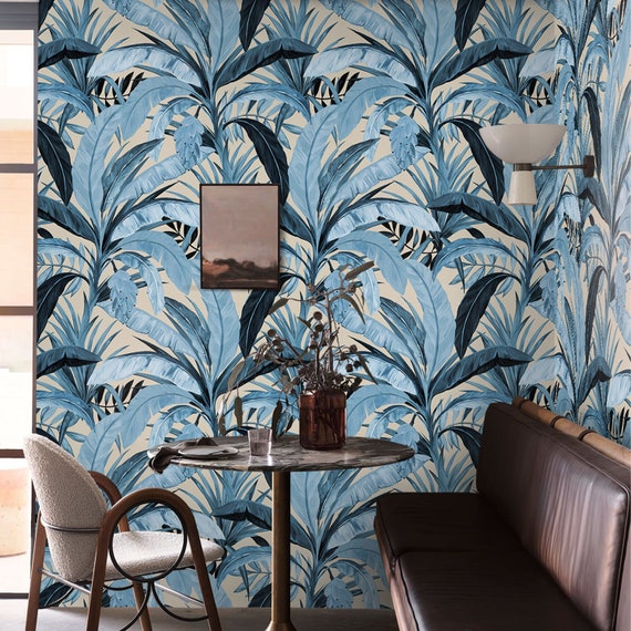 Tropical Paradise Blue Banana Forest Wallpaper, Blue Banana Leaf Forest Wallpaper, Beige and Blue Tropical Banana Leaf Wallpaper