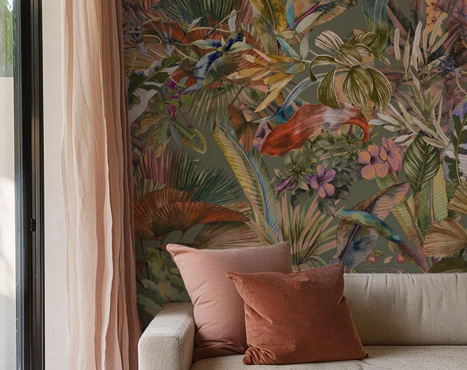 Luxury Tropical Jungle Wallpaper | Vibrant Botanical Watercolor Design | Exotic Rainforest Decor | Eco-Friendly & Removable