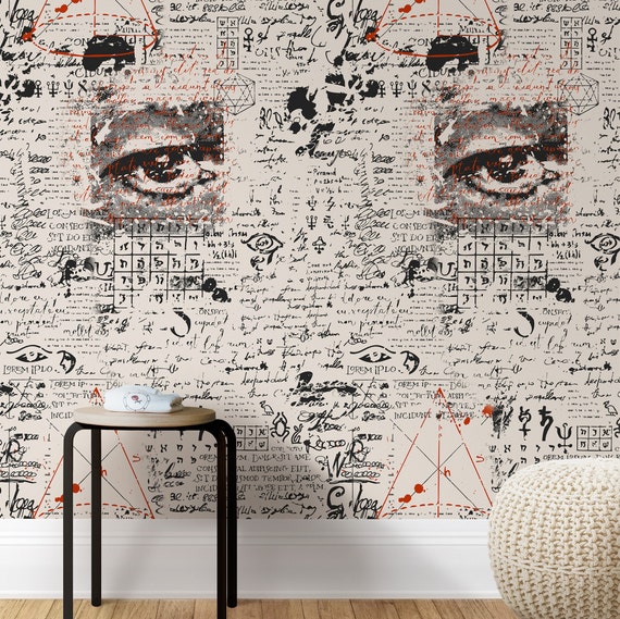 Mystical Pattern Eye Wallpaper, Fantasy Wall Decor with Hand Drawn Script for Macabre Art