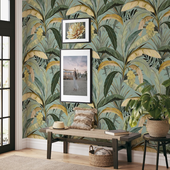 Green and Yellow Banana Leaf Wallpaper, Jungle Wall Decor, Bring Nature Indoors with a Fresh and Modern Design