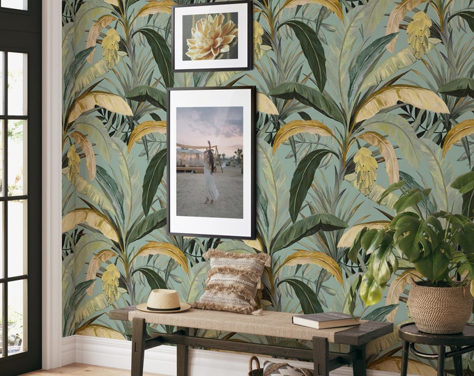 Jungle Wallpaper with Banana Leaf Print, Tropical Rainforest Removable Wall Art, Banana Leaves Wallpaper for Beach House Decor
