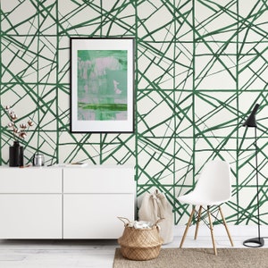 Weiße und grüne moderne Streifen Shibori Tapete, abstrakte Pinselstriche Linie Wandbild