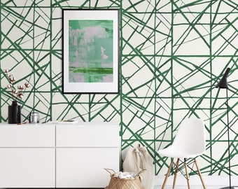 White and Green Modern Stripes Shibori Wallpaper, Abstract Brush Strokes Line Wall Mural