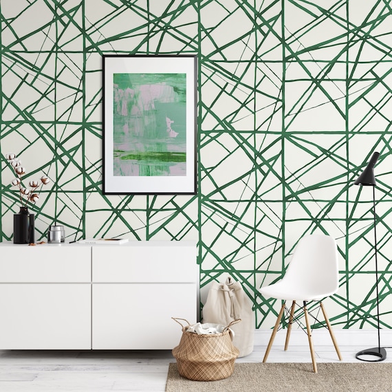White and Green Modern Stripes Shibori Wallpaper, Abstract Brush Strokes Line Wall Mural