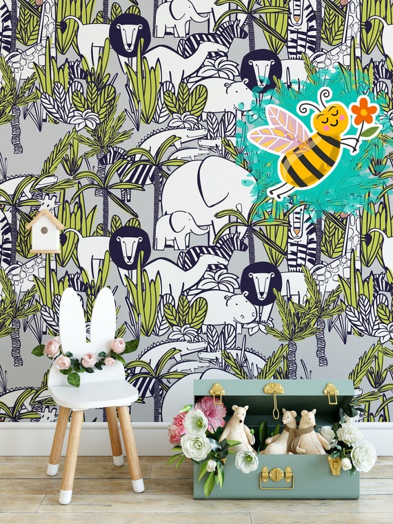Safari Wallpaper with Wild Animal, Baby room nursery African Forest Wall Decoration, Exotic Animals Wall Art