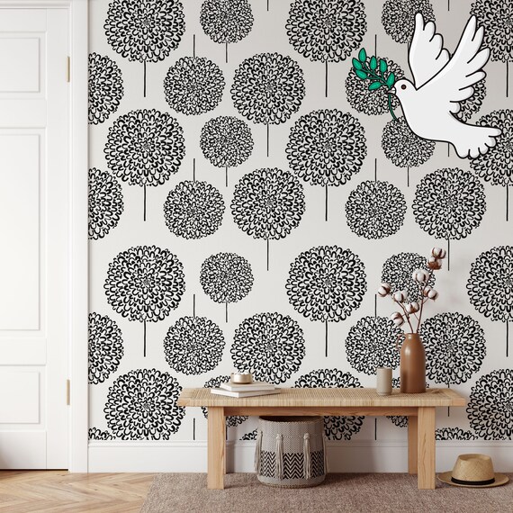 Dandelion Wallpaper for Pastel Room Decor, Black and White Floral Wall Art with Dandelions Seed