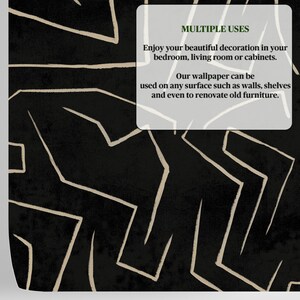May include: Black and white abstract wallpaper with a geometric pattern. The text "MULTIPLE USES" is in green text on a white background. The text reads "Enjoy your beautiful decoration in your bedroom, living room or cabinets. Our wallpaper can be used on any surface such as walls, shelves and even to renovate old furniture."