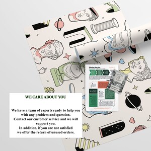 May include: A white background with a repeating pattern of green, pink, and blue geometric shapes, stars, and stylized human busts. The text "WE CARE ABOUT YOU" is printed in green on a white rectangle. Below the text is a paragraph of text about customer service and returns. The text "Diluting the glue" is printed in black on a green rectangle. The text "Step" is printed in black on a white rectangle.