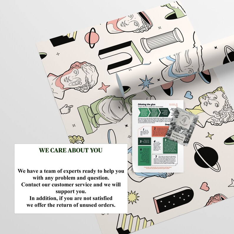 May include: A white background with a repeating pattern of green, pink, and blue geometric shapes, stars, and stylized human busts. The text "WE CARE ABOUT YOU" is printed in green on a white rectangle. Below the text is a paragraph of text about customer service and returns. The text "Diluting the glue" is printed in black on a green rectangle. The text "Step" is printed in black on a white rectangle.