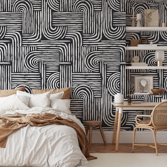 Modern Style Wallpaper with Bold Stripes, Add a Touch of Abstract Sophistication to Your Walls with this Stunning Black and White Wallpaper