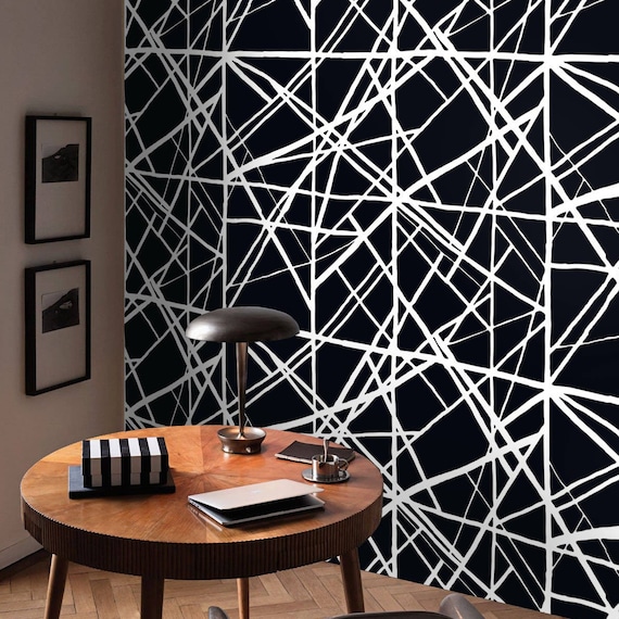 Black Modern Striped Wallpaper, Temporary wall art for wall decor aesthetic