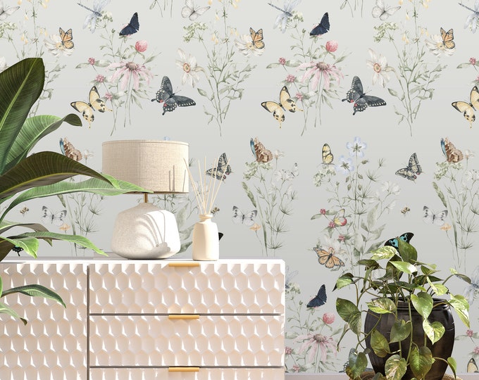 Pastel Watercolor Butterfly Wallpaper, Delicate Colors Butterflies Floral Print Nursery Decor Spring Field WildFlowers