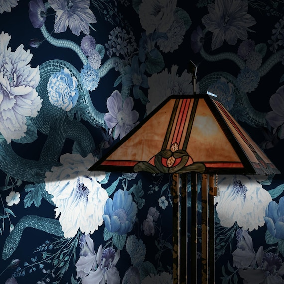 Dark Floral Snake Wallpaper, Secret Garden Botanical Wall Decor, Vintage Peony Blossom