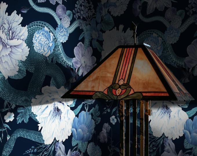 Dark Floral Snake Wallpaper, Secret Garden Botanical Wall Decor, Vintage Peony Blossom