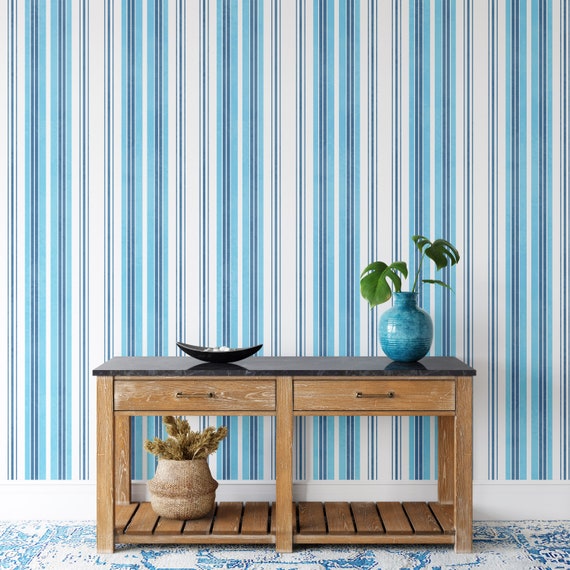 Blue and White Striped Wallpaper - Coastal Stripe Wall Mural for Bedroom, Living Room & Accent Walls Decor