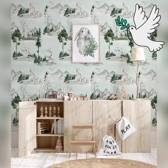 Winter Woodland Nursery Wallpaper, Kids Forest Animals Wall Decor, Backwoods Wall Art