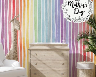 Pastel Rainbow Striped Wallpaper, Watercolor Paint Vertical Stripes Soft Color Kids Room Temporary Wall Art