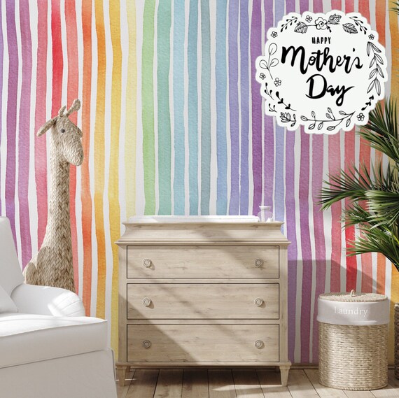 Pastel Rainbow Striped Wallpaper, Watercolor Paint Vertical Stripes Soft Color Kids Room Temporary Wall Art