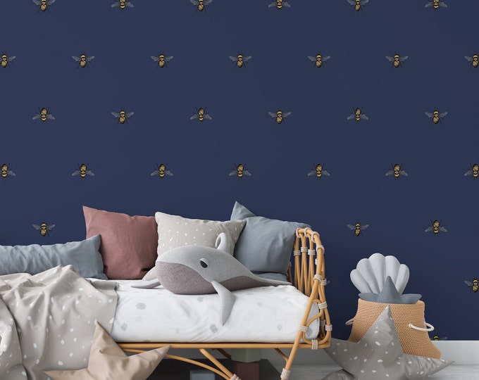 Gold and Blue Bee Wallpaper for Nursery Decor, Humble Honey Bee Minimal Wall Art