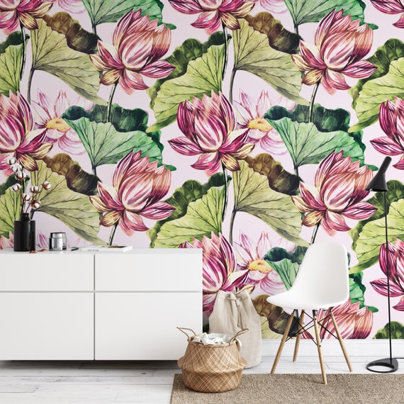 Watercolor Floral Lotus Wallpaper | Waterlilly Wall Art & Flower Wall Decor for Home, Nursery and Office