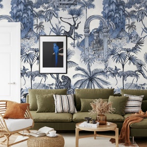 Extra Large Jungle Tropical Rainforest Large Wallpaper with Monkeys and Jaguar, Vintage Blue Tropical Leaves Wall Decor image 2