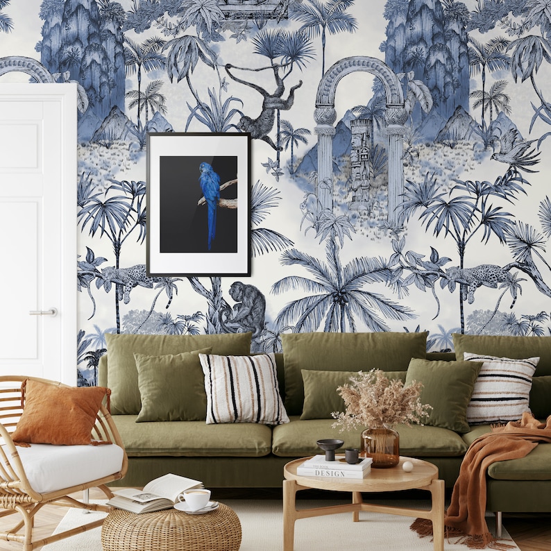 Extra Large Jungle Tropical Rainforest Large Wallpaper with Monkeys and Jaguar, Vintage Blue Tropical Leaves Wall Decor image 2