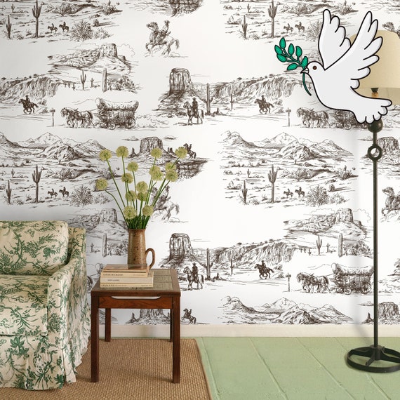 Western Wallpaper in Retro Comics Style, Desert Wall Decor with Vintage Cowboy and Horses