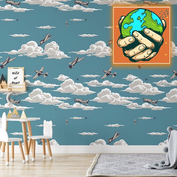 Vintage Airplanes Nursery Wallpaper, Airplane Flying Playroom Wall Decor, Kids Mural with clouds, Boy Room Wall Art