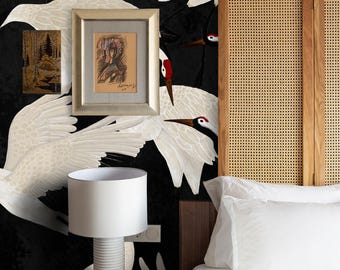 Black Heron Wallpaper, Chinoiserie Asian Birds with Cranes, Black and White Vintage Japanese Wall Decor