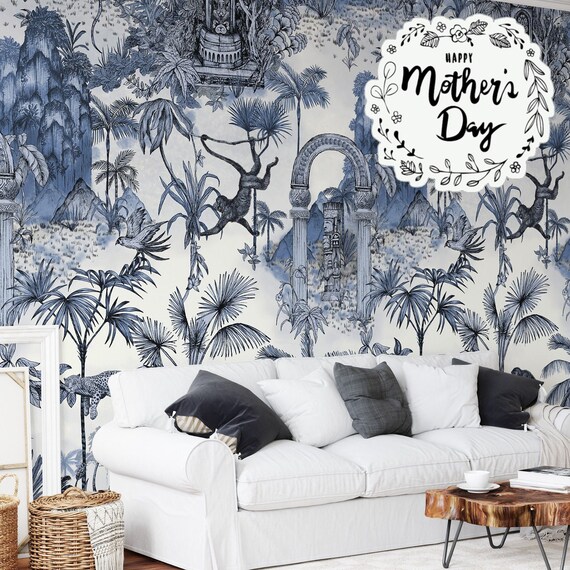 Extra Large Jungle Tropical Rainforest Wallpaper with Monkeys and Jaguar, Vintage Blue Tropical Leaves Wall Decor