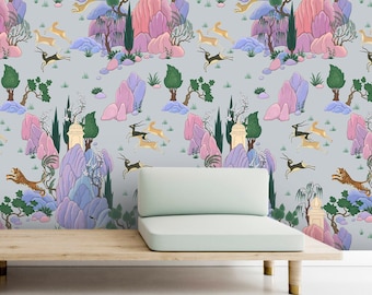 Boho Tiger Hunting Scene Indian Wallpaper, Pink jungle wilds animals, Persian Wall Decor