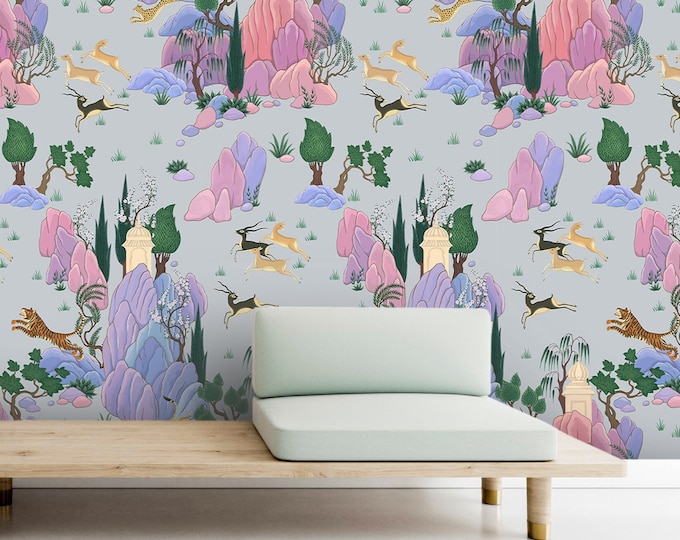Boho Tiger Hunting Scene Indian Wallpaper, Pink jungle wilds animals, Persian Wall Decor