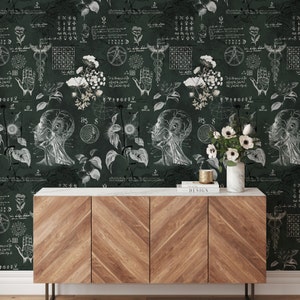Carta da Parati Mistica ed Esoterica - Decorazioni Botaniche e Simboli Alchemici in Stile Gotico