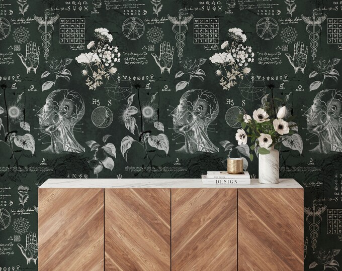 Esoteric Botanical Wallpaper: Mystical Symbols and Floral Art in a Dark Palette