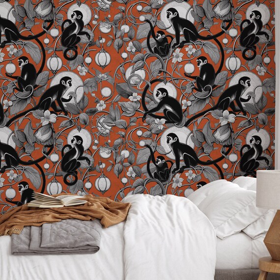 Playful Monkeys and Lanterns Wallpaper in black and orange - Whimsical Jungle Theme - WALLPAPERS4BEGINNERS