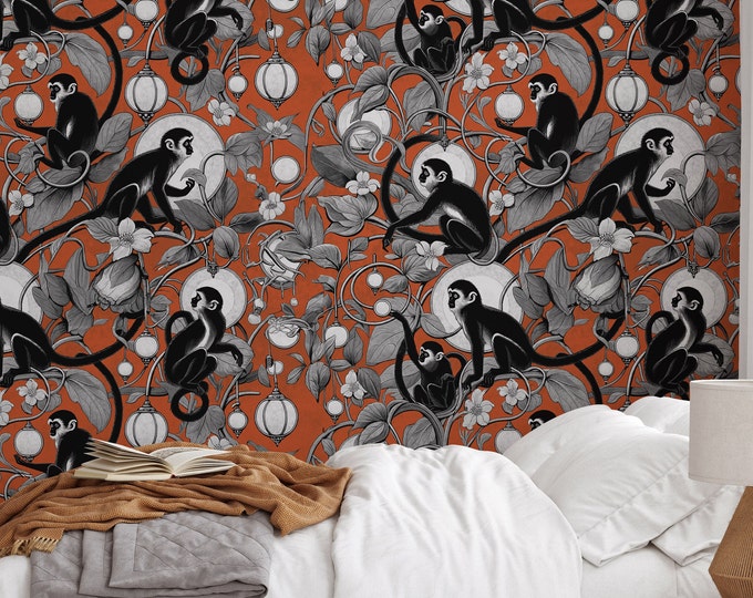 Playful Monkeys and Lanterns Wallpaper in black and orange - Whimsical Jungle Theme - WALLPAPERS4BEGINNERS