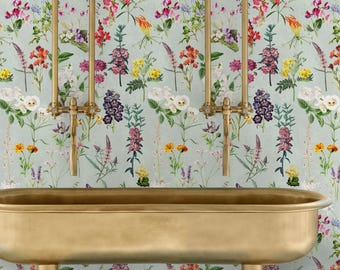 Wildflower Wallpaper, Vintage Botanical Floral Wall Paper, Sage Green Maximalist Decor, Cottagecore Bedroom Living Room, Heritage Design