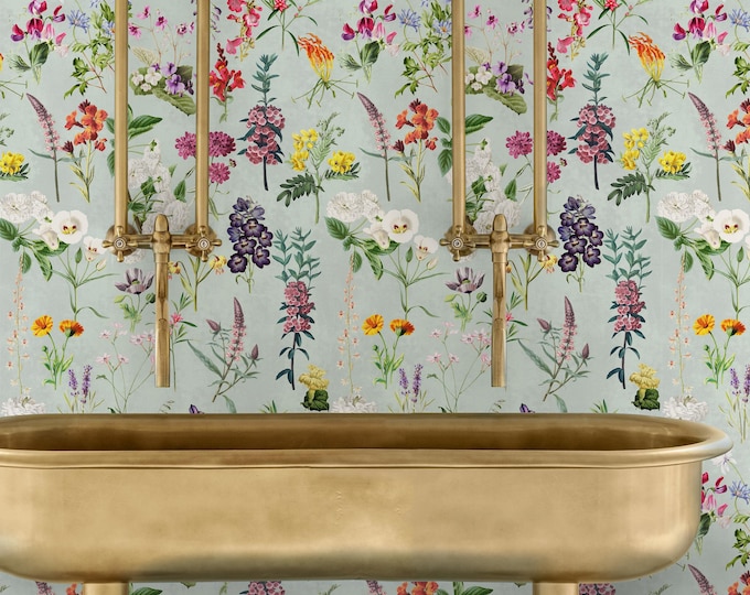 Wildflower Wallpaper, Vintage Botanical Floral Wall Paper, Sage Green Maximalist Decor, Cottagecore Bedroom Living Room, Heritage Design