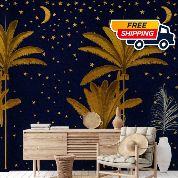 Golden Palm Trees Night Sky Wallpaper, Starry Tropical Decor, Arabian Nights Art Palm Tree Wall Decor